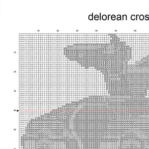 May include: Black and white pixel art cross stitch pattern of a DeLorean time machine. The pattern is on a grid with numbers along the top and side.