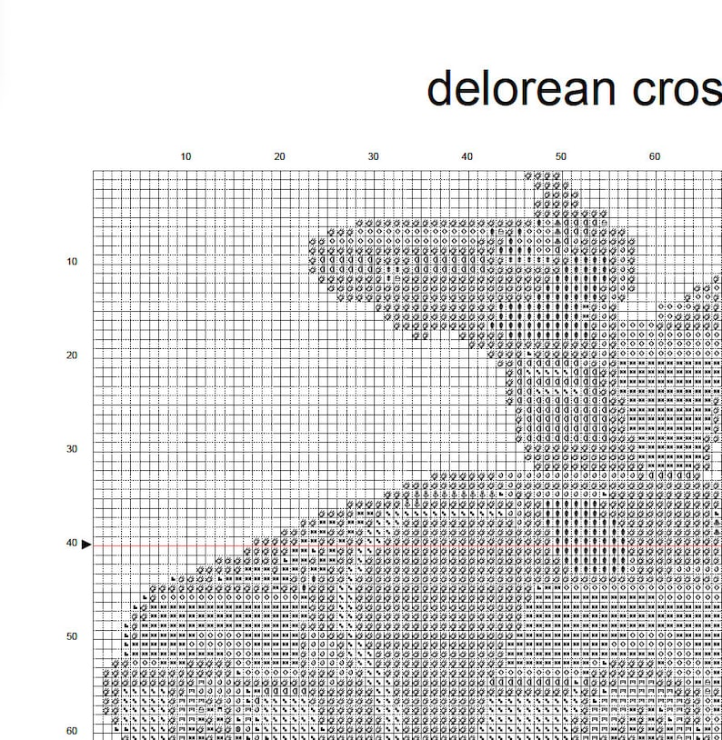 May include: Black and white pixel art cross stitch pattern of a DeLorean time machine. The pattern is on a grid with numbers along the top and side.