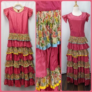 1930s Fuchsia Silk Flamenco Dress, Xsmall, Carmen Miranda