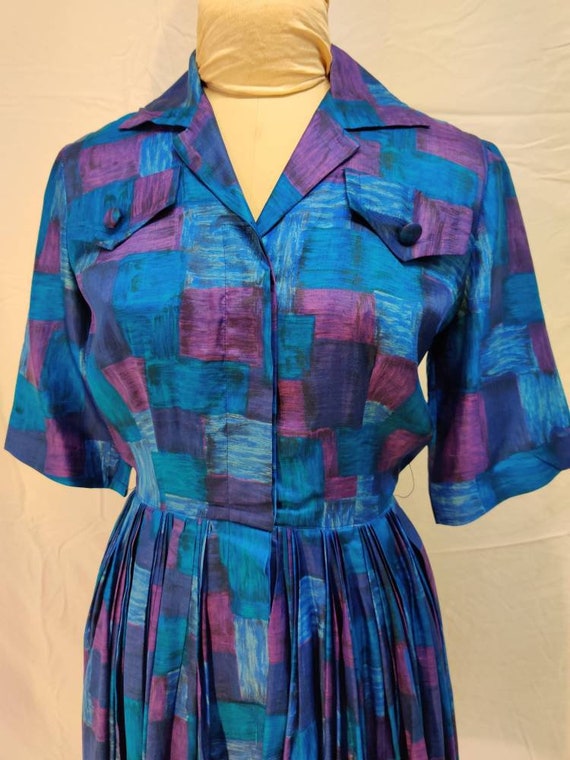 Late 1950s rich purple and blue abstract shirtdres