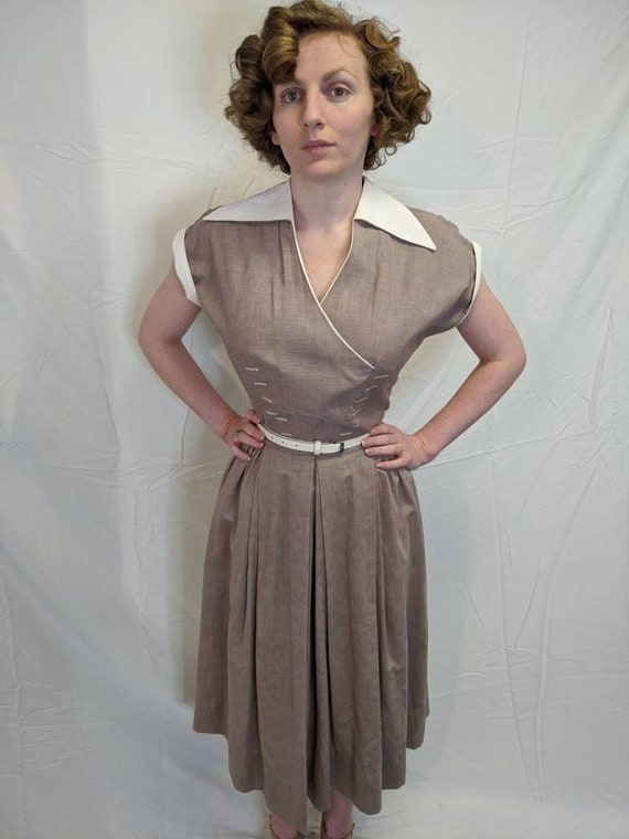 1940s light brown faux wrap style dress