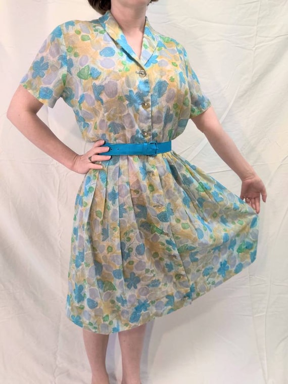 1950s sheer pastel blue, green, and purple, floral