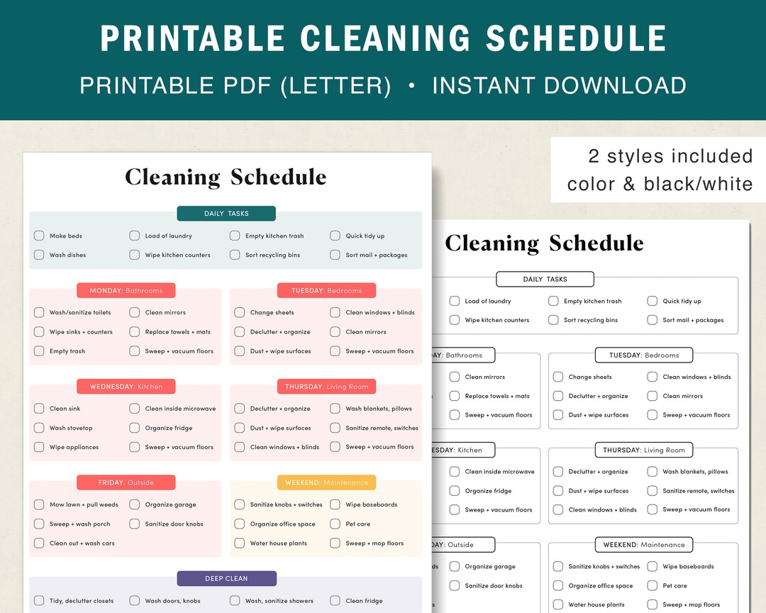 Printable Cleaning Schedule weekly, Daily, Monthly Deep Clean Schedule ...