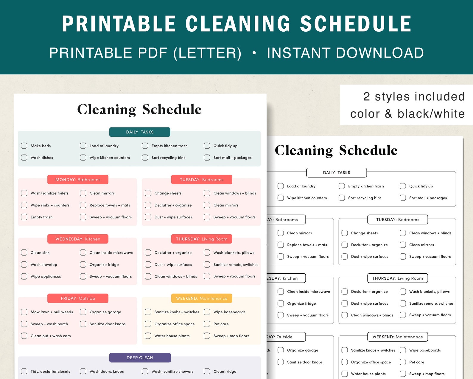 Printable Cleaning Schedule weekly Daily Monthly Deep - Etsy