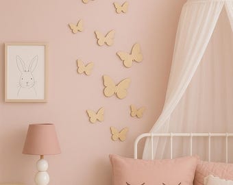May include: A pink bedroom scene with butterfly wall decor. A white nightstand holds a lamp and a small box. A bed with a pink pillow featuring closed eyes, a white bunny, and a canopy is visible.