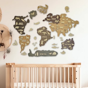 Landkarte - Safari Dekor - Karte für Kinderzimmer - Holzwand - Karte für Kinder - Kinderzimmer Wanddeko - Safari Dekor - Tier Weltkarte