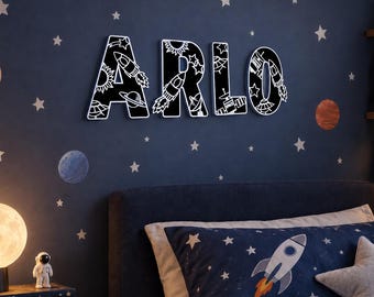 Personalised Space Name Sign - Wooden Nursery Wall Decor - Rocket Planet Star Name Plaque 3D