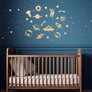 Wooden Space Wall Decor - Nursery Decor - Space Wall Art - Wooden Planets - Children Space Decor- Wooden Stars - Astronaut Wall Decal