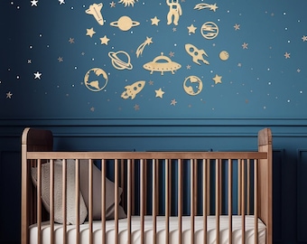 Wooden Space Wall Decor - Nursery Decor - Space Wall Art - Wooden Planets - Children Space Decor- Wooden Stars - Astronaut Wall Decal