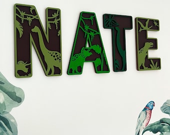 Dinosaur Name Sign - Wooden Dino Letters - Personalised Name Sign - Custom Name Decor - Dinosaur Theme Bedroom Decor - Dinosaur Wall Art