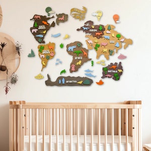 Landkarte - Safari Dekor - Karte für Kinderzimmer - Holzwand - Karte für Kinder - Kinderzimmer Wanddeko - Safari Dekor - Tier Weltkarte