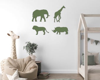 Wooden Safari Wall Art Set - Elephant Bedroom Decor - Giraffe Wall Decor - Lion Themed Kids Room - Rhino Nursery Decor - Safari Nursery