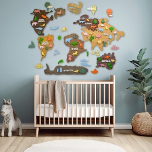 Wall Map Safari Nursery Decor Map Wall Art Wooden Wall Map Kids Bedroom