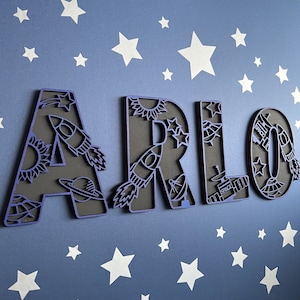 Letrero con nombre espacial - Letras espaciales - Letrero con nombre personalizado - Decoración con nombre personalizada - Decoración con temática espacial - Arte de pared espacial - Arte de pared de la NASA