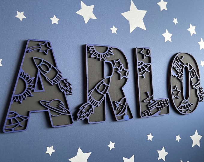 Personalised Space Name Sign - Wooden Nursery Wall Decor - Rocket Planet Star Name Plaque - Outer Space Kids Room Decor - Boys Gift