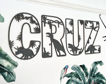 Dinosaur Name Sign - Wooden Dino Letters - Personalised Name Plaque - Custom Name Decor - Dinosaur Theme Bedroom Decor - Dinosaur Wall Art