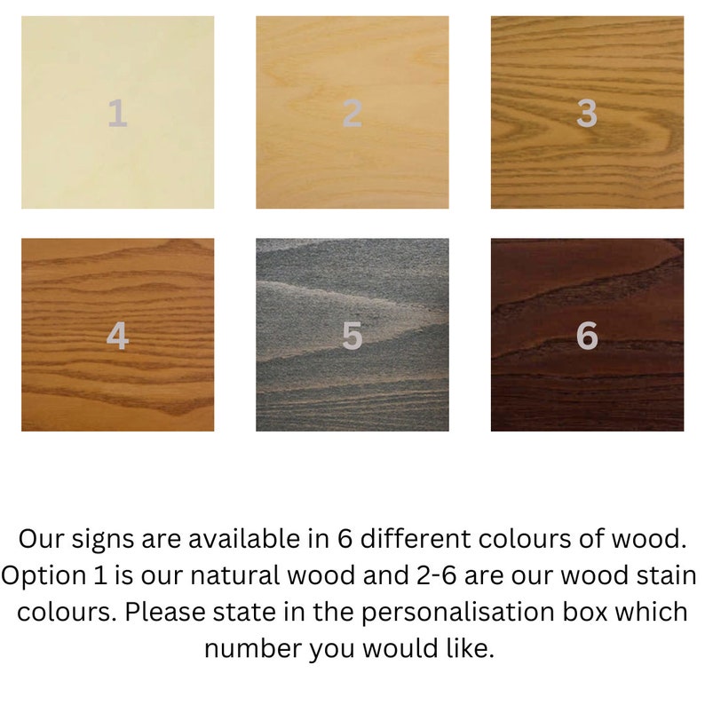 May include: Six wood samples numbered 1 through 6. Option 1 is natural wood. Options 2 through 6 are wood stains in various colors.