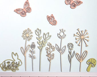 Wooden Wildflowers - Boho Nursery - Flower Themed Decor -  Woodland Bedroom Decor - Flower Wall Decal - Butterfly Girls Bedroom - Bunny