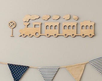 Houten trein muurkunst - houten bord trein - muursticker trein - aangepaste kinderkamerdecoratie - trein thema slaapkamer - muurstickers trein