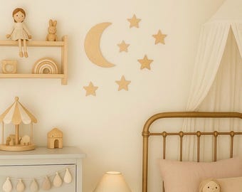 木製の月と星 - ボヘミアン風子供部屋 - 星飾り - 月と星の寝室飾り - 星をテーマにした飾り - 星のウォールデカール - 女の子の寝室飾り
