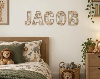 Safari Name Sign - Wooden Animal Letters- Personalised Name Sign - Custom Name Decor - Safari Theme Decor - Safari Wall Art - Jungle Bedroom