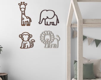 Wooden Safari Animal Wall Art Set - Safari Bedroom Decor - Elephant Wall Decor - Giraffe Themed Kids Room - Monkey Nursery Decor - Lion