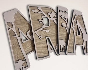 Naambordje safari - gepersonaliseerd bord safari - houten naambordje - aangepaste naamdecor - decor safari kinderkamer - kunst aan de muur safari - junglethema
