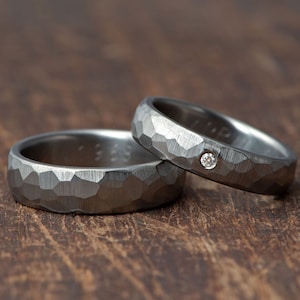 Matching Titanium Ring Set with Faceted Obsidian finish & Genuine Diamond, Rough matte Texture Finish Simple bands, couple  Wedding Rings