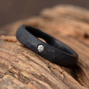 Diamond Dark Titanium Wedding Ring with Faceted Obsidian finish, Rough black matte Texture Finish Simple band, Mens & Womens Engagement Ring