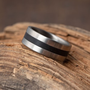 Titanium Black Ebony wood Inlay Hypoallergenic Wedding ring,  Mens and Women Titanium & Wood Engagement Band, Unique Mens Promise Ring