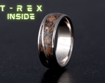 T-Rex, Meteorit, Triceratops, Megalodon Ehering, Tyrannosaurus Rex & Muonionalusta Ring für Ihn Sie, Sterling Silber Verlobungsring