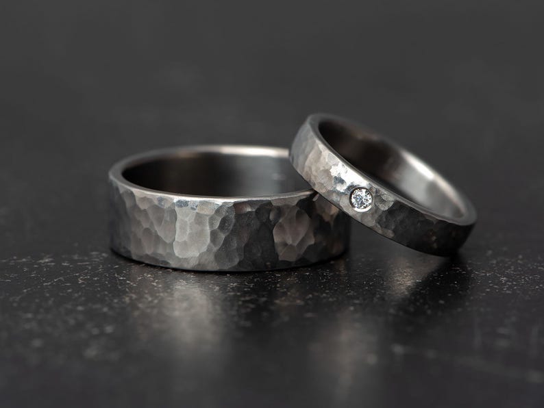 Matching Titanium Rings Matching Titanium Ring Set With Hammered Finish & Genuine Diamond, Flat ...