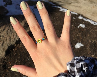 Smiley Beaded Rings, Smiley Rings, Charm Rings, Beaded Rings, Cute Rings, Funky Rings, Funky Jewelry, Trendy Rings, Trendy Jewelry, Rings