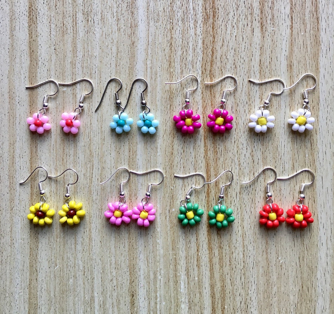 Daisy Flower Earrings Flower Bead Earrings Beaded Earrings Earrings Cute Earrings Womens Earrings Etsy