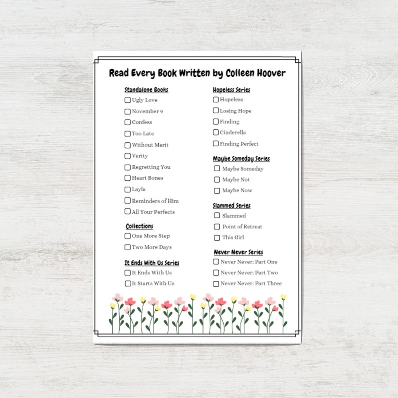 Colleen Hoover Checklist Colleen Hoover Printable Colleen Hoover