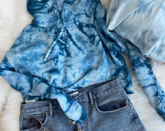 Hand-Dyed Evening Blue Cropped Hoodie