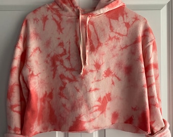 Hand-Dyed Coral Cropped Hoodie