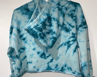 Hand-Dyed Teal Cropped Hoodie