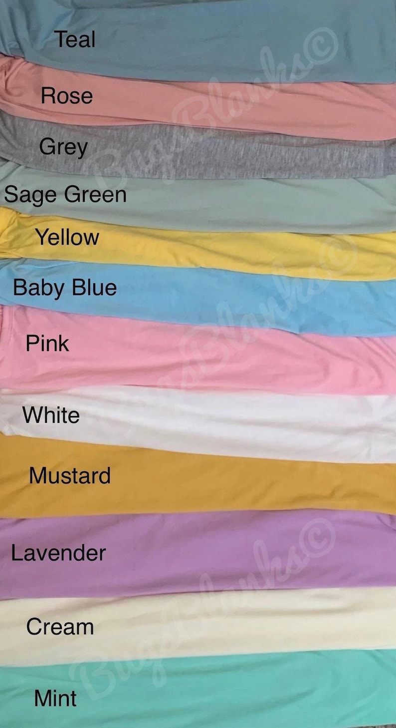May include: A vertical display of fabric swatches in various colors, including teal, rose, grey, sage green, yellow, baby blue, pink, white, mustard, lavender, cream, and mint. Each swatch is labeled with its corresponding color name.