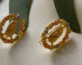Pendientes de la Virgen María - 14K Tricolor Oro Plateado - Pendientes Virgen de Guadalupe - Joyería Católica - Nuestra Señora de Guadalupe