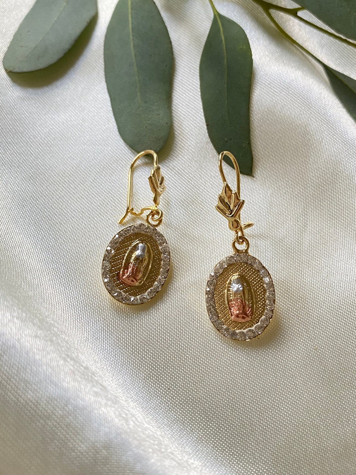Virgin Mary Earrings with Diamond 14K Tricolor Gold Plated Etsy