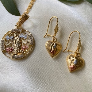 Virgin Mary Earrings and Necklace ~ 14K Tricolor Gold Plated ~ Virgen de Guadalupe Earrings ~ Catholic Jewelry ~ Our Lady of Guadalupe