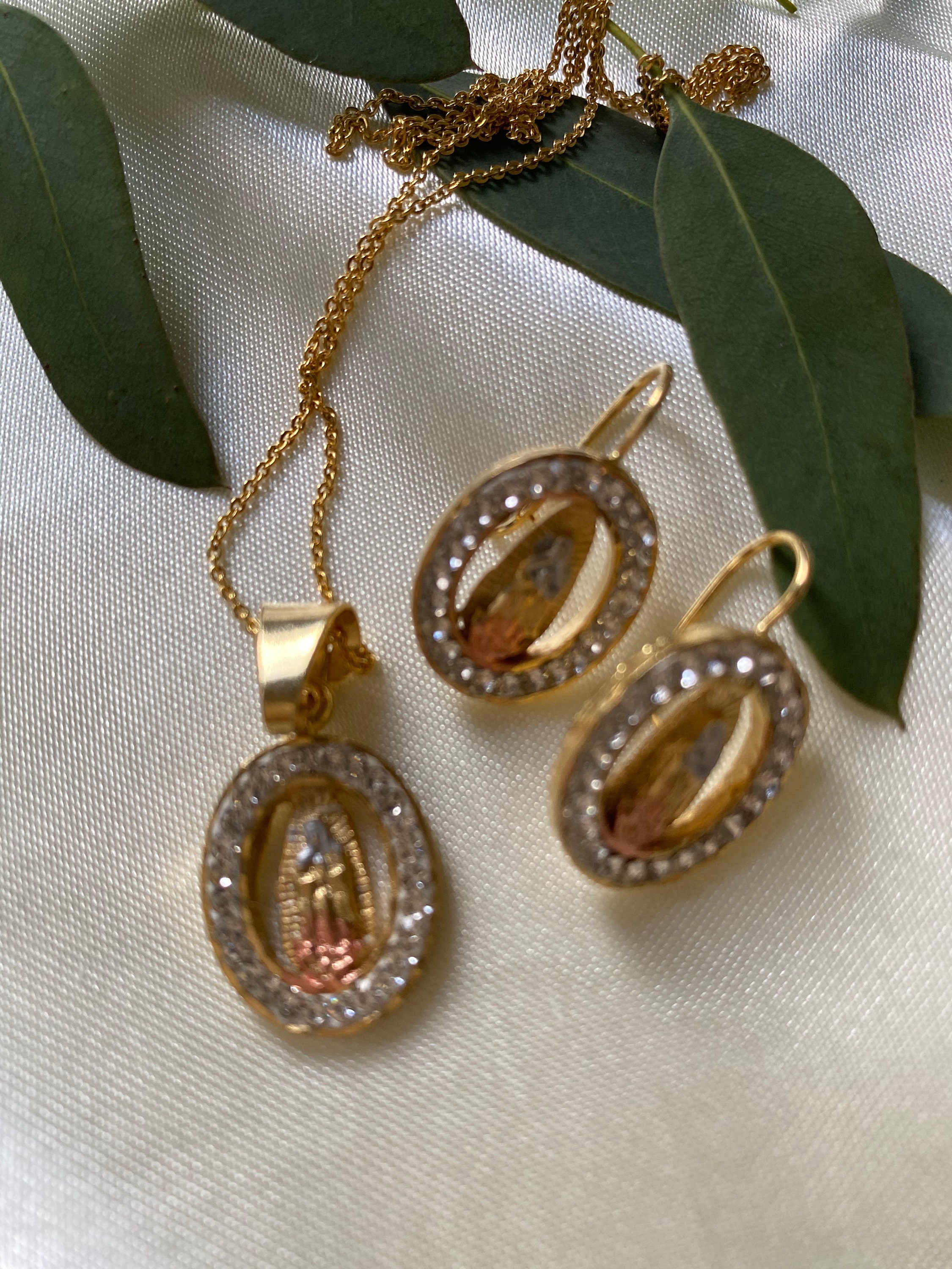Virgin Mary Earrings and Necklace 14K Tricolor Gold Plated Virgen De