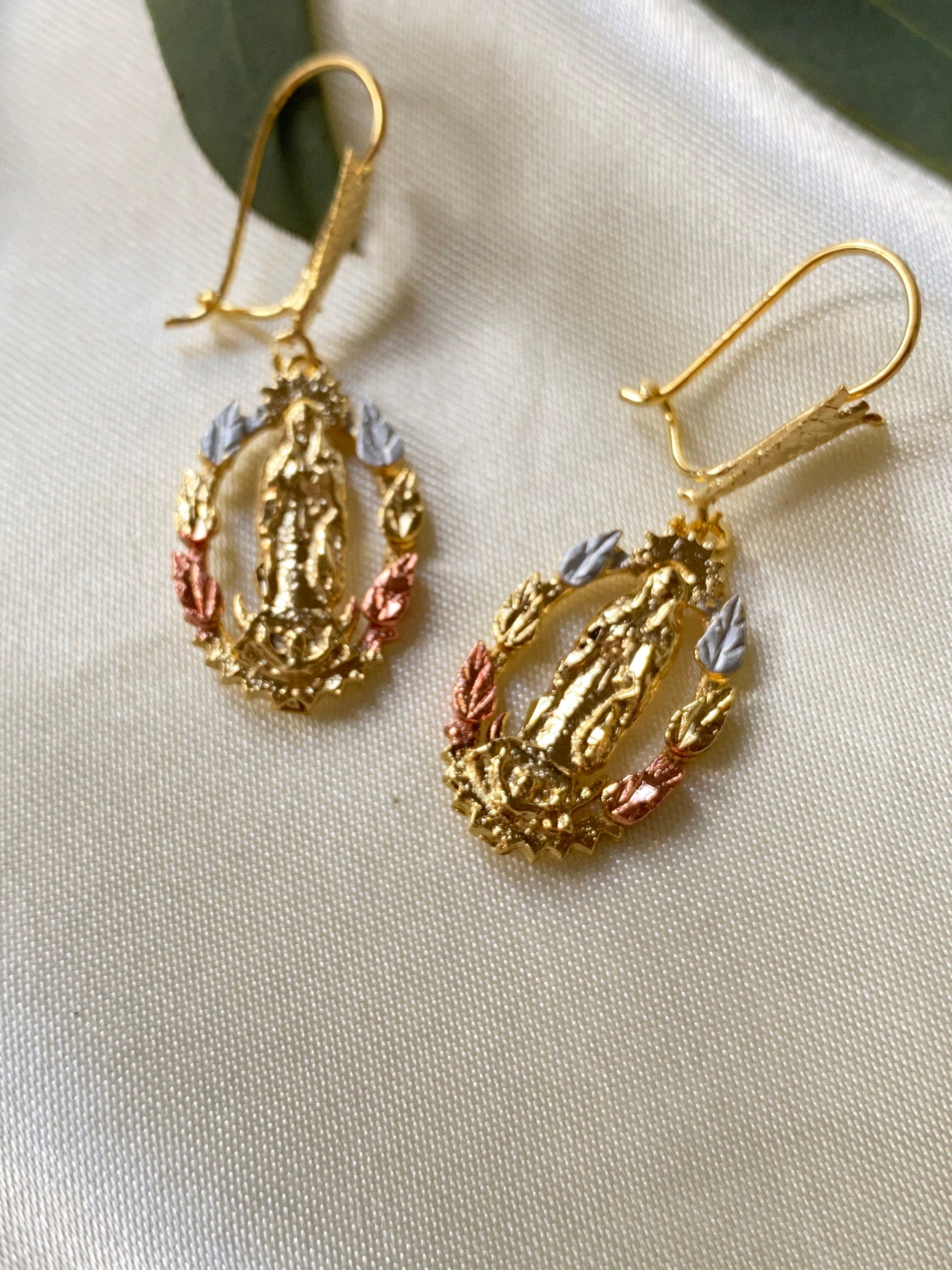 Virgin Mary Earrings 14K Tricolor Gold Plated Virgen de Etsy