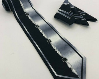 Black & Silver with Buckle Design Necktie w/ Pocket Square - Vintage Classy Tie and Hanky Set # TH 46