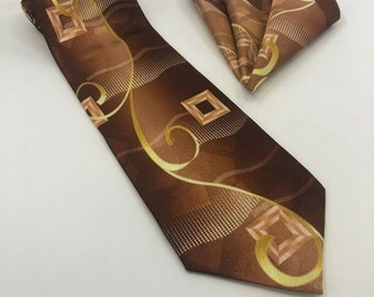 Gold & Brown Squares Abstract Design Necktie with Pocket Square - Vintage Tie and Hanky Set #TH-32