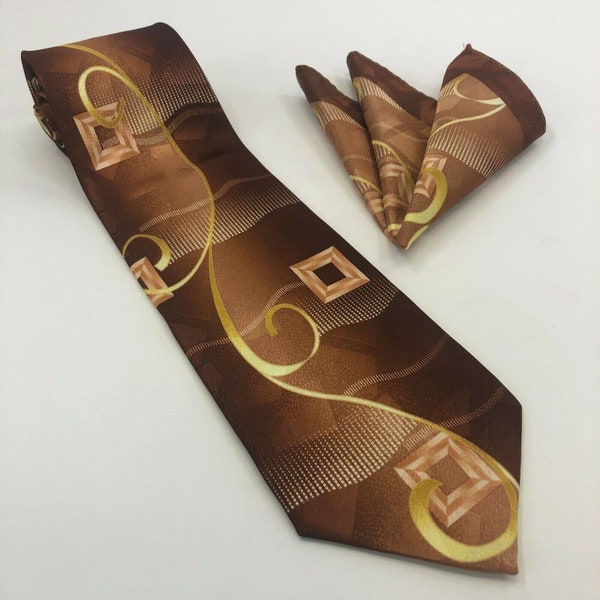 Gold & Brown Squares Abstract Design Necktie with Pocket Square - Vintage Tie and Hanky Set #TH-32