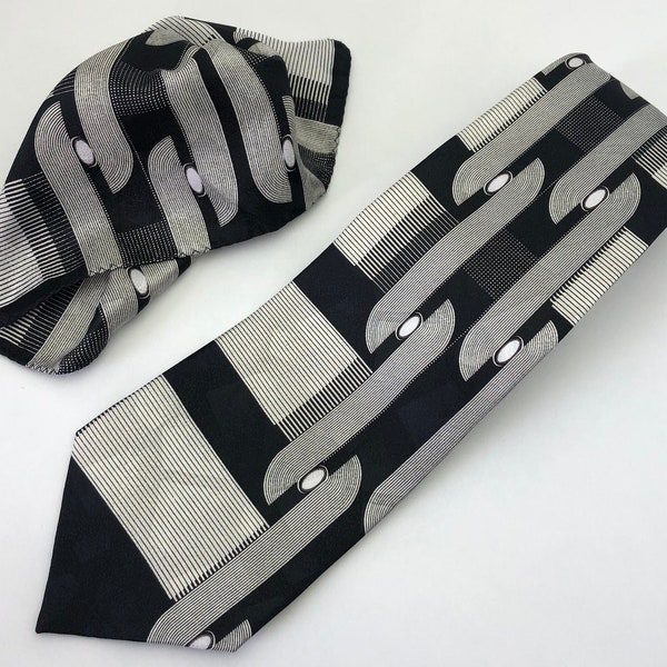 Vintage Art Deco Necktie with Matching Pocket Square - Dapper Tie and Hanky Set - White, Black, and Gray Neckwear