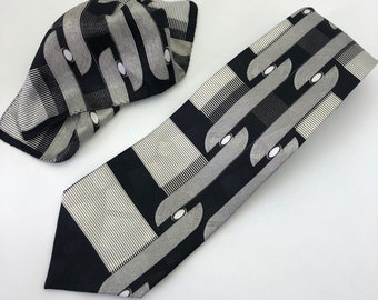 Vintage Art Deco Necktie with Matching Pocket Square - Dapper Tie and Hanky Set - White, Black, and Gray Neckwear