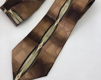 Brown Abstract Design Tie with Matching Pocket Square - Vintage Necktie and Hanky Set